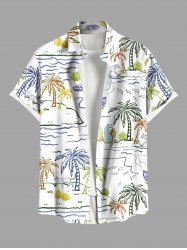Plus Size Coconut Tree Sea Waves Seascape Print Hawaii Button Pocket Shirt For Men -  