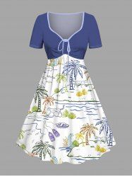 Robe Hawaii Ligne A Arbre Noix de Coco et Océan Imprimés de Grande Taille - Bleu Ciel 5X