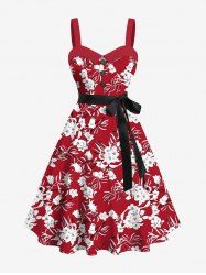 Plus Size Flowers Leaf Print Buttons Turn Down Collar Hawaii Dress With Belt - Rouge 2X