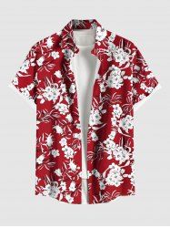 Plus Size Flowers Leaf Print Buttons Pocket Hawaii Shirt For Men - Rouge L