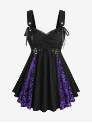 Plus Size Gothic Floral Mesh Flocking Patchwork Textured Ruched Grommet Buckle Tank Top -  