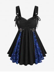 Plus Size Floral Mesh Flocking Patchwork Textured Ruched Grommet Buckle Tank Top -  