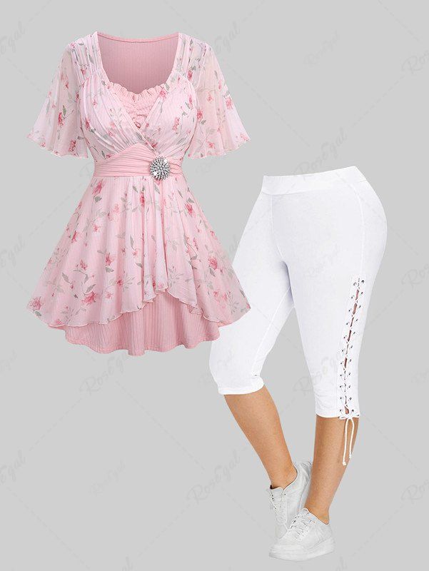 Outfits Rose Flower Printed Mesh Tulip Hem Buckle Ruffles Ruched Surplie Ribbed Textured 2 In 1 Top and High Waisted Lace Up Side Capri Pants Plus Size Outfit  