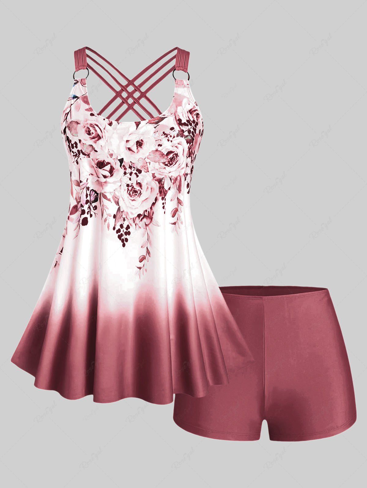Maillot de bain tankini modeste croisé à imprimé floral ombré grande taille et courbe Multi-F 4X