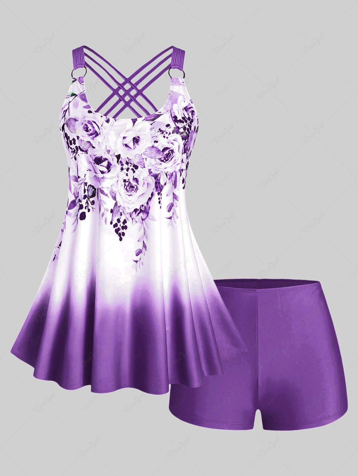 Unique Plus Size & Curve Ombre Color Floral Print Crisscross Modest Tankini Swimsuit  