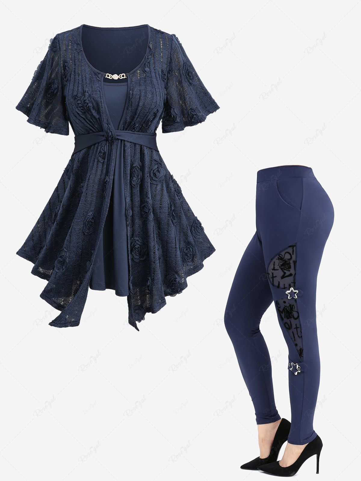 Heart Chain Panel Rose Appliques Asymmetrical Top and Flocking Mesh Leggings Plus Size Outfit