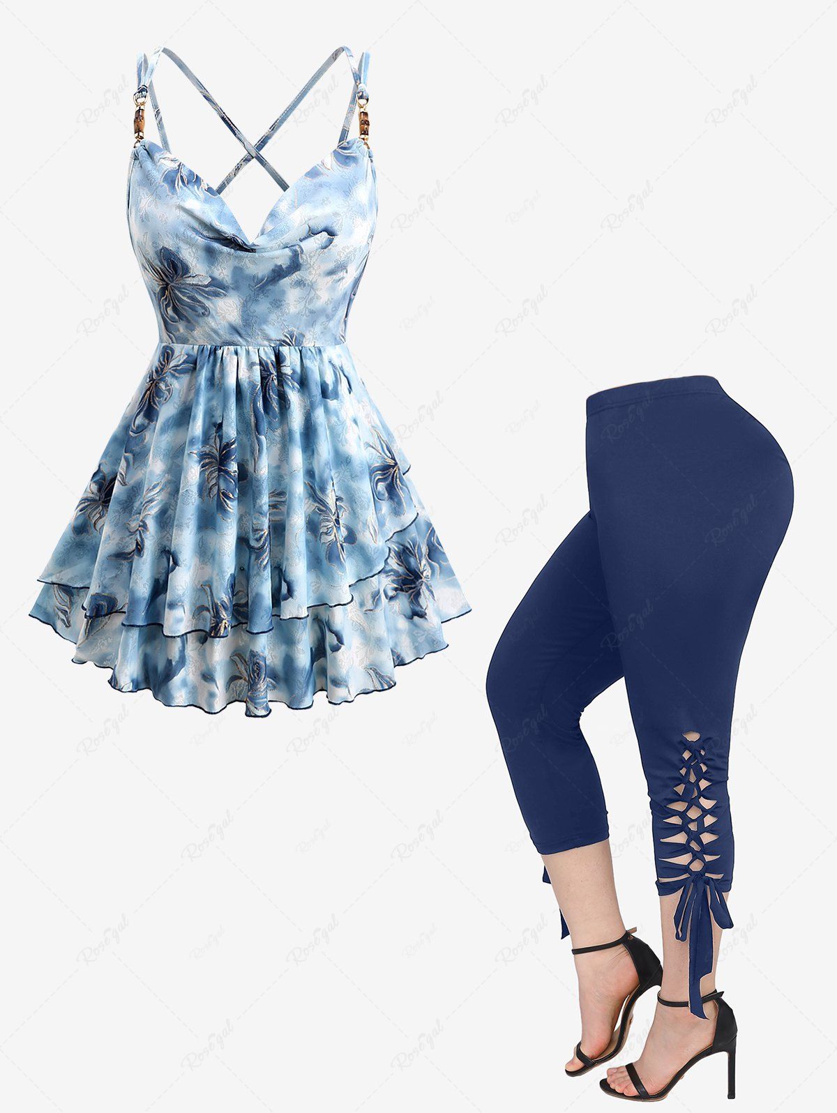 Cheap Gilding Ombre Flower Print Crisscross Top and High Waisted Lace Up Cropped Leggings Plus Size Outfit  