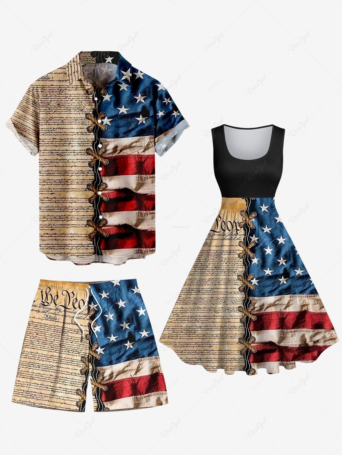 Outfit 3D Lace Up Patriotic American Flag Distressed Newspaper Print Plus Size Matching Outfit For Couples  