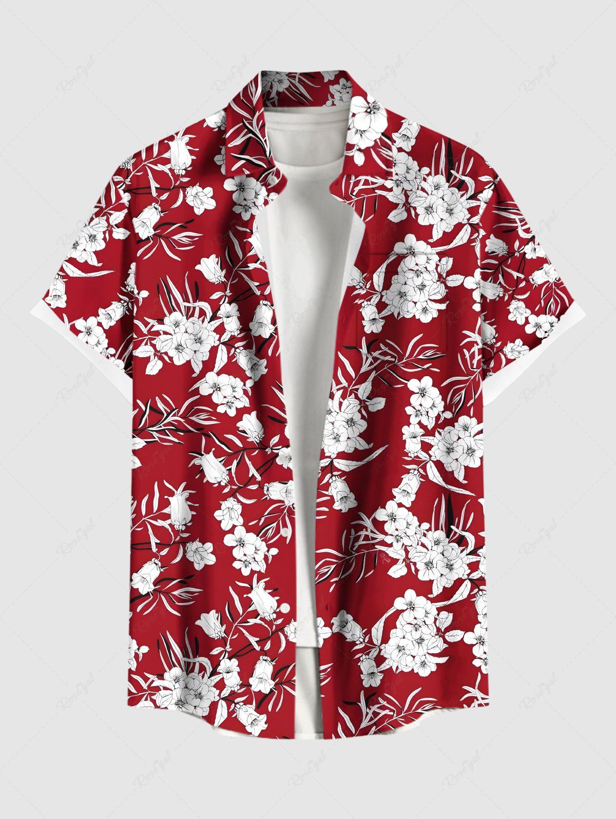 Shop Plus Size Flowers Leaf Print Buttons Pocket Hawaii Shirt For Men  