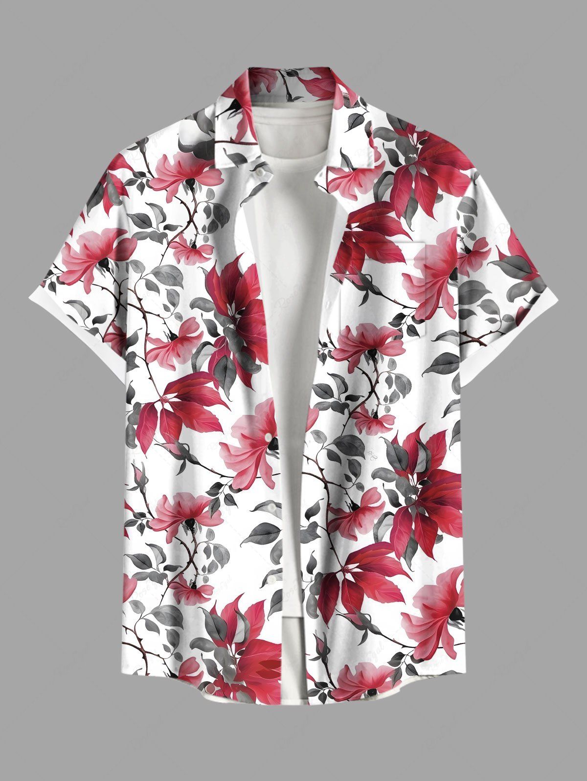 Shop Plus Size Flowers Leaf Chinese Style Print Buttons Pocket Hawaii Shirt For Men  