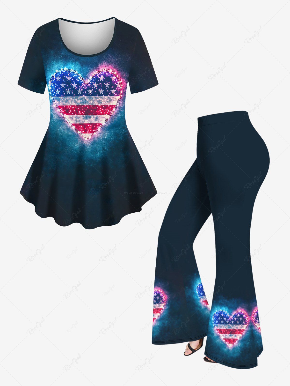 Chic Glitter Heart Patriotic American Flag Print Women T-shirt and Flare Pants Plus Size Matching Set  