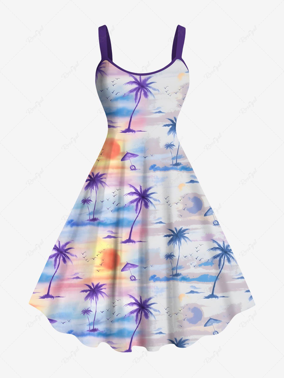 Cheap Plus Size Coconut Tree Sun Cloud Print Hawaii Ombre A Line Tank Dress  