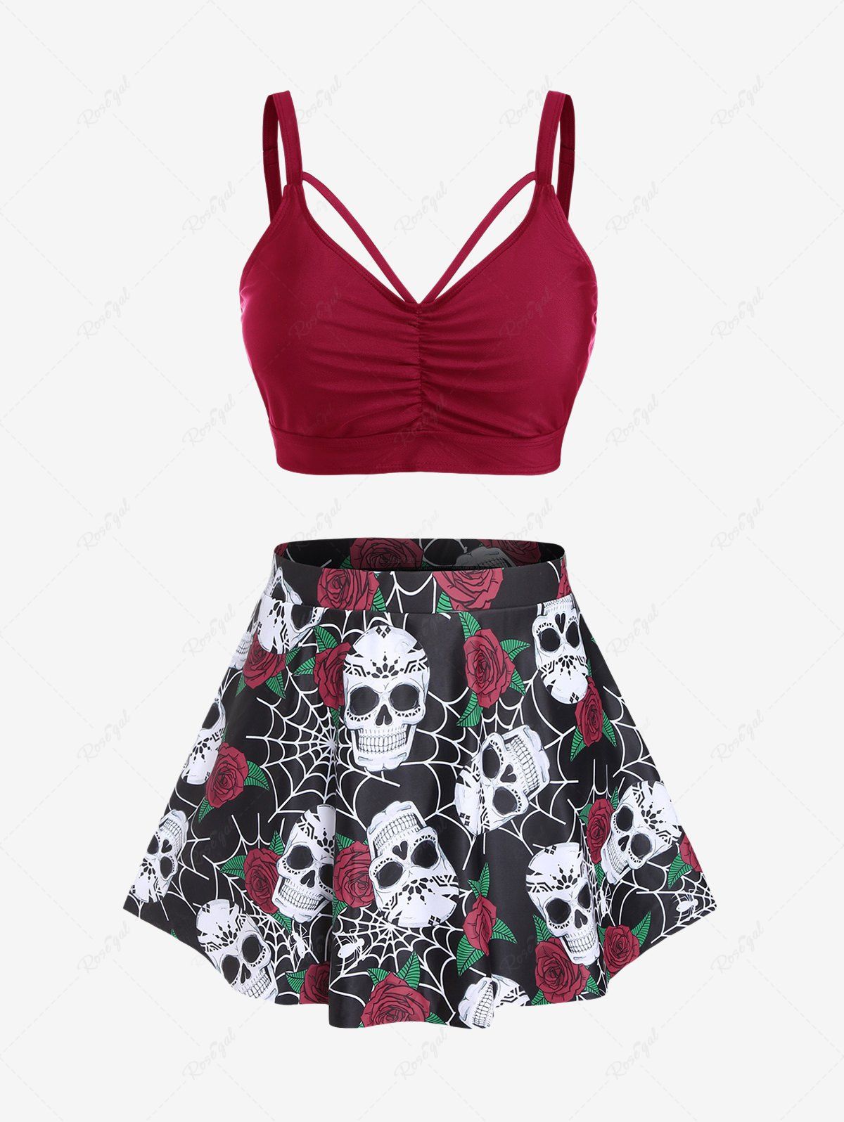 Chic Plus Size Gothic Rose Skulls Printed Ruched Padded Tankini Set Swimsuit  