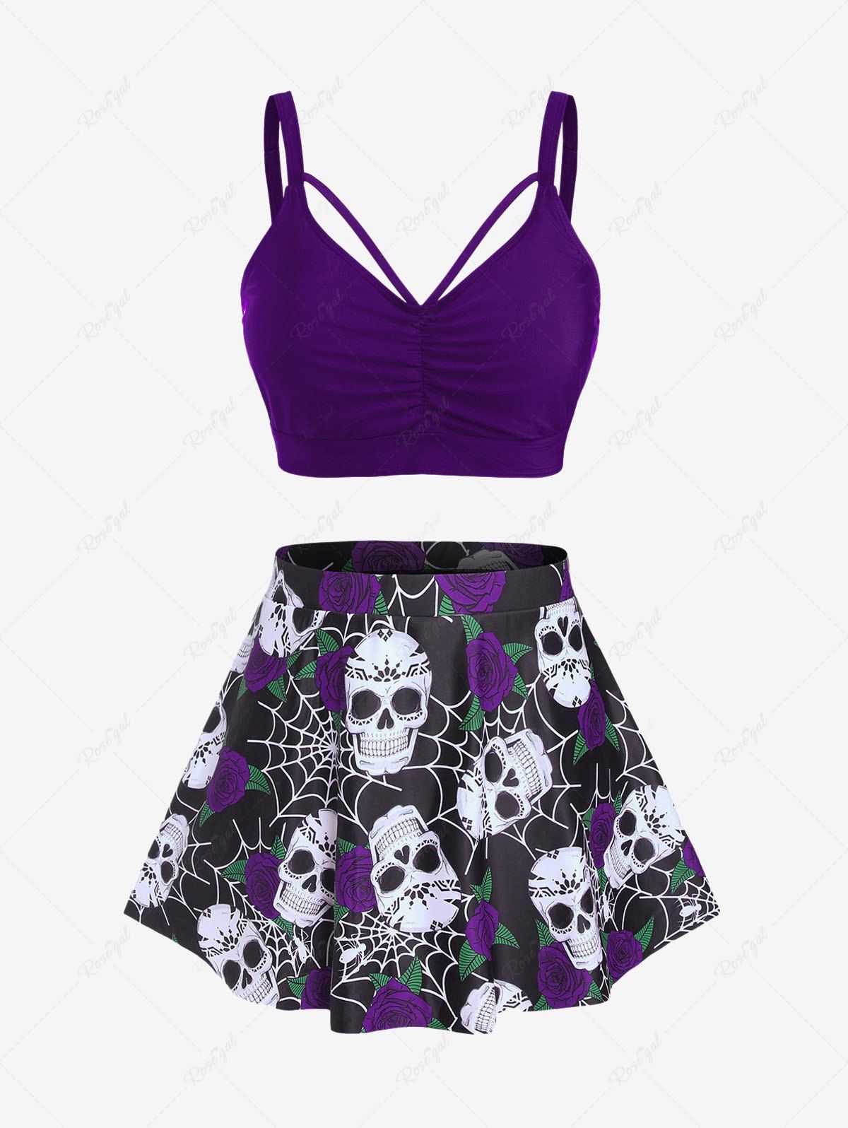 Outfit Plus Size Gothic Rose Skulls Printed Ruched Padded Tankini Set Swimsuit  