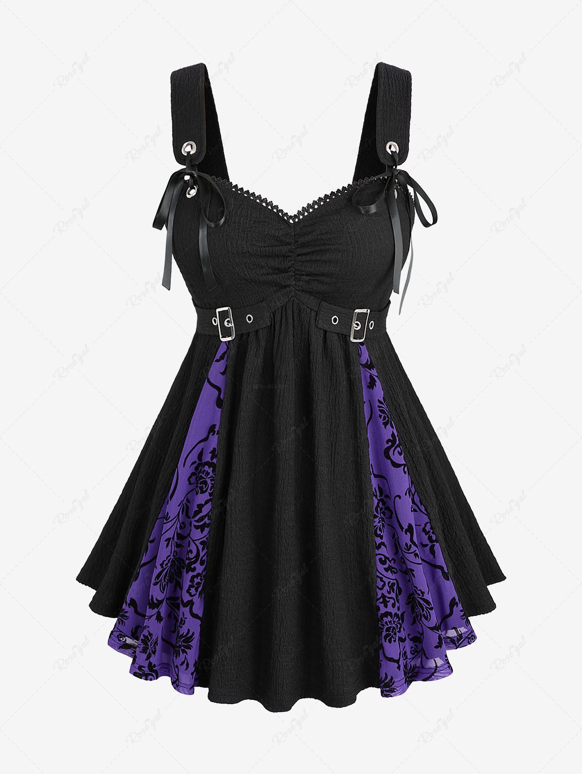 Shop Plus Size Gothic Floral Mesh Flocking Patchwork Textured Ruched Grommet Buckle Tank Top  
