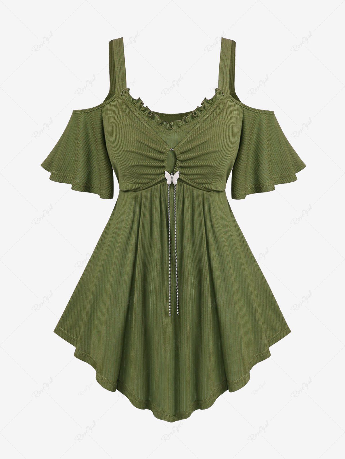 Unique Plus Size Ruched Butterfly Buckle Chain Cold Shoulder T-shirt  