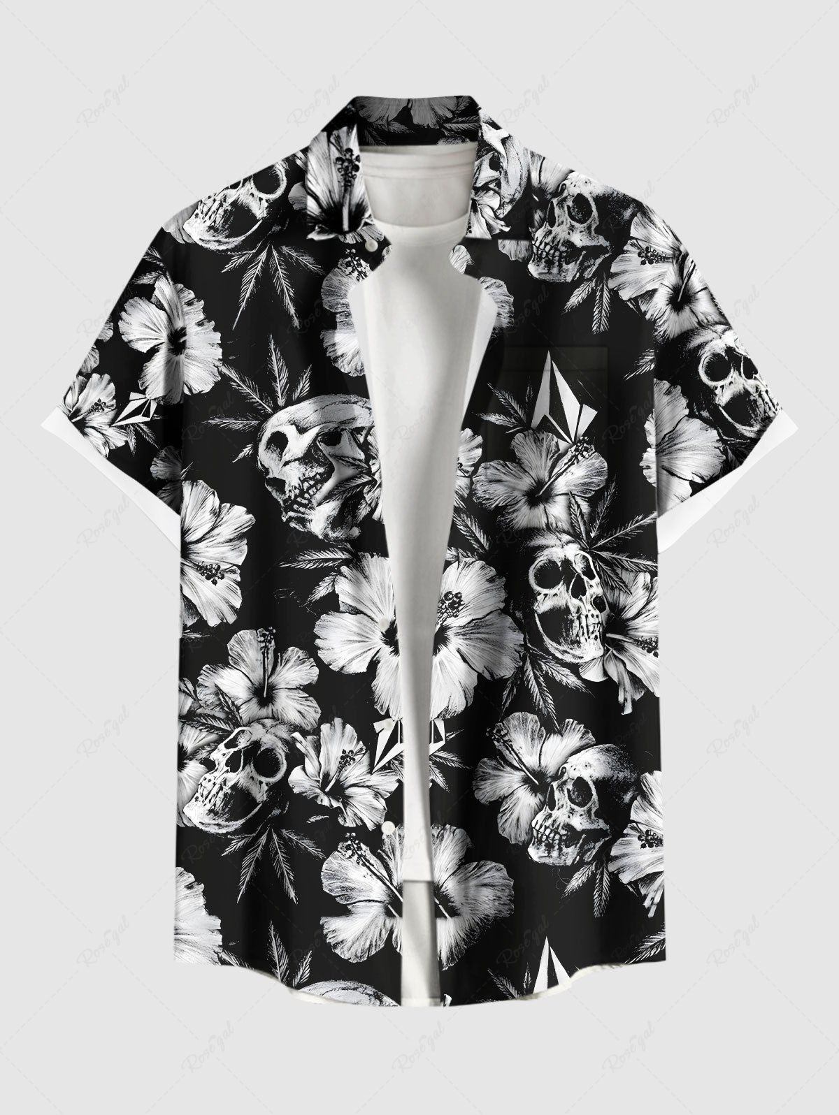 Buy Plus Size Tropical Flower Skulls Print Buttons Pocket Hawaii Shirt For Men  