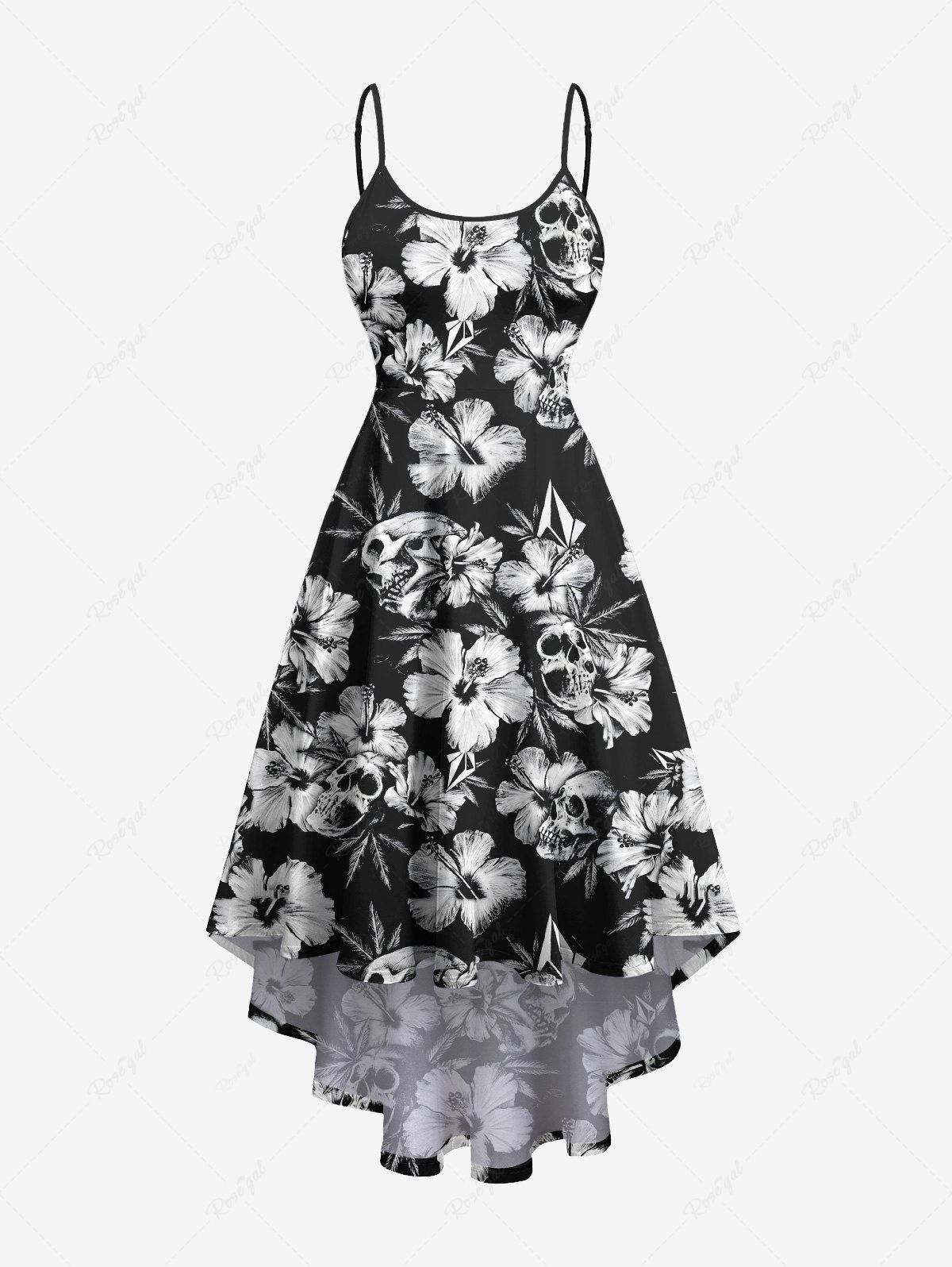 Store Plus Size Tropical Flower Skulls Print High Low Hawaii Cami Dress  
