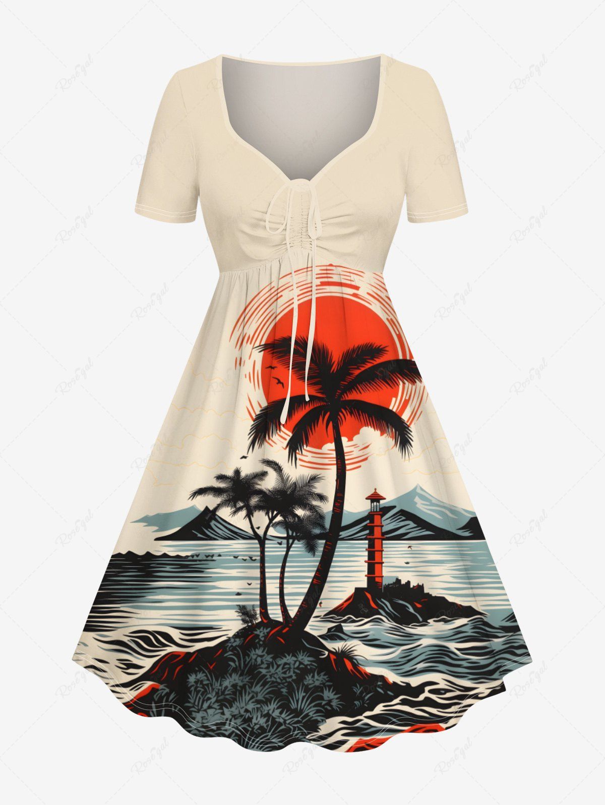 Trendy Plus Size Coconut Tree Sun Bird Seascape Print Cinched Hawaii Dress  