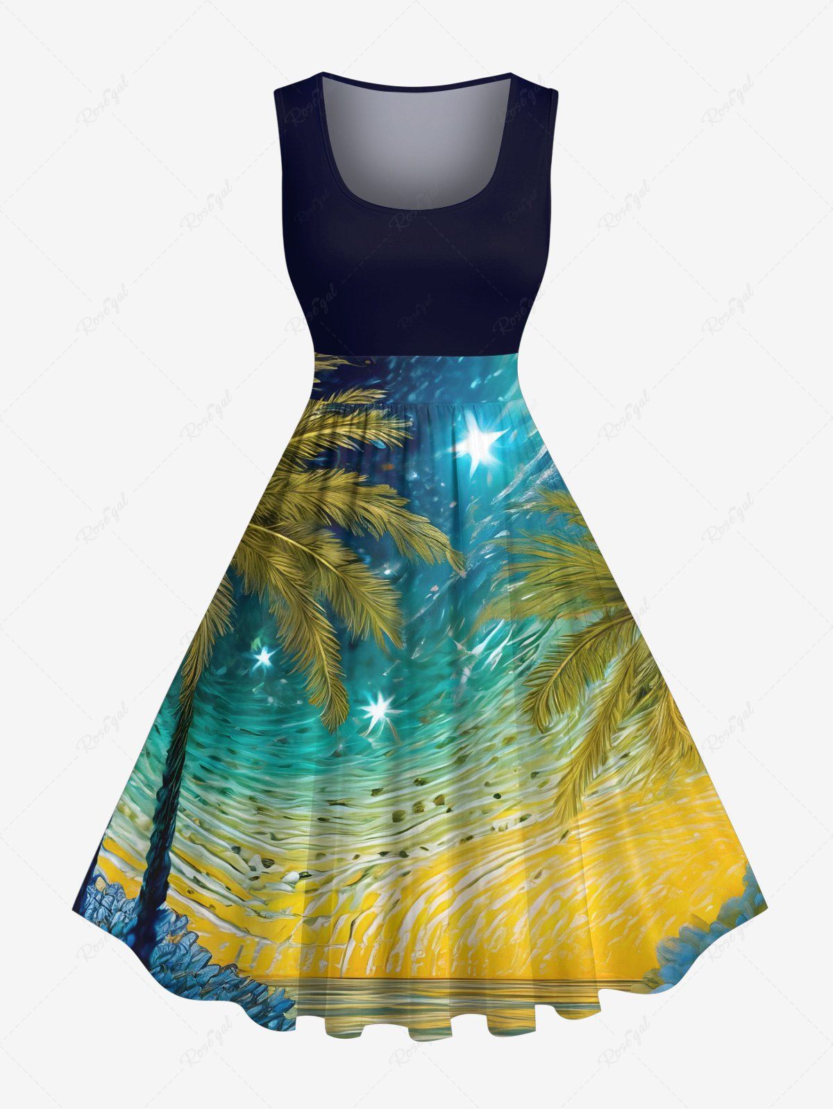 Chic Plus Size Coconut Tree Seascape Beach Oil Painting Print Hawaii 1950s Vintage Dress  