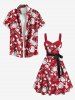 Plus Size Flowers Leaf Print Buttons Turn Down Collar Hawaii Dress With Belt -  