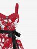 Plus Size Flowers Leaf Print Buttons Turn Down Collar Hawaii Dress With Belt -  