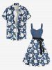 Plus Size Floral Leaves Branch Two Tone Print Hawaii Button A Line Tank Dress with Removable Belt -  