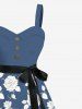 Plus Size Floral Leaves Branch Two Tone Print Hawaii Button A Line Tank Dress with Removable Belt -  
