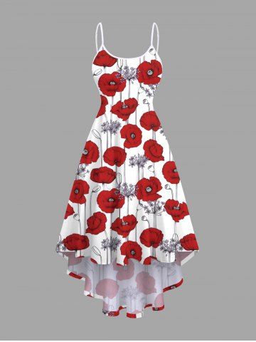 Plus Size Floral Branch Print Hawaii High Low Asymmetric Cami Dress - RED - L