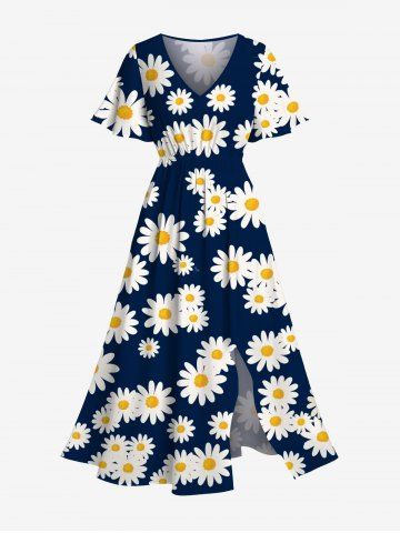 Plus Size Daisy Flower Print Hawaii Split Pocket A Line Midi Dress - DEEP BLUE - 1X