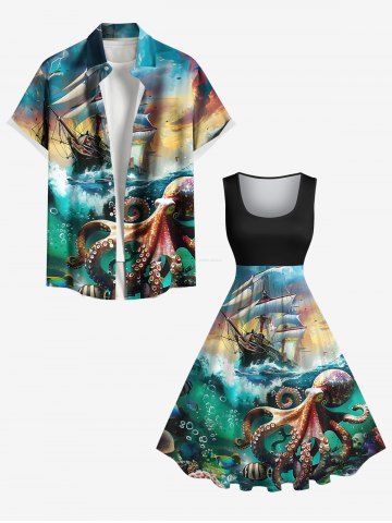 Robe Trapèze Ombrée à Imprimé Voilier et Pieuvre dans la Plage Grande Taille - BLACK