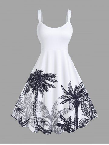Plus Size Tropical Leaf Coconut Tree Print Hawaii Tank Dress - WHITE - 5X