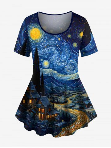 Plus Size Oil Painting Swirls Galaxy Moon Mountains Print T-shirt - BLACK - S