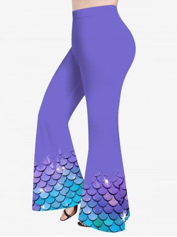 Plus Size 3D Glitter Ombre Mermaid Scales Print Hawaii Flare Pants - PURPLE - 3X