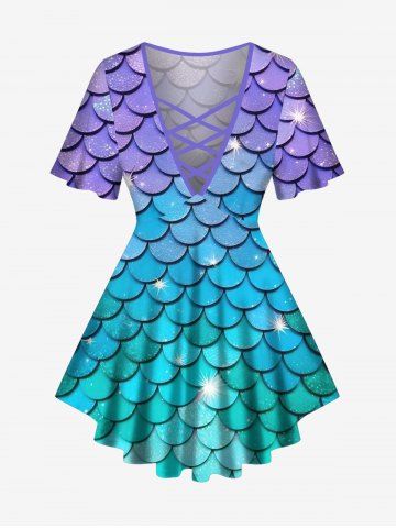 Plus Size 3D Glitter Ombre Mermaid Scales Print Hawaii Lattice T-shirt - PURPLE - 2X