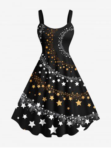 Plus Size Two Tone Stars Galaxy Print Hawaii A Line Tank Dress - BLACK - XXS