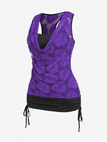Plus Size Cowl Neck Cinched Rose Lace Tank Top