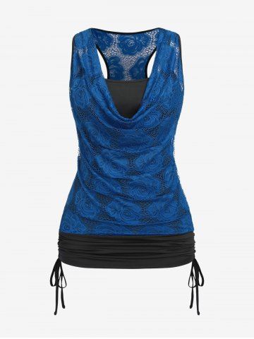 Plus Size Cowl Neck Cinched Rose Lace Tank Top - NAVY BLUE - 4X | US 26-28