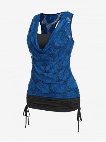 Plus Size Cowl Neck Cinched Rose Lace Tank Top