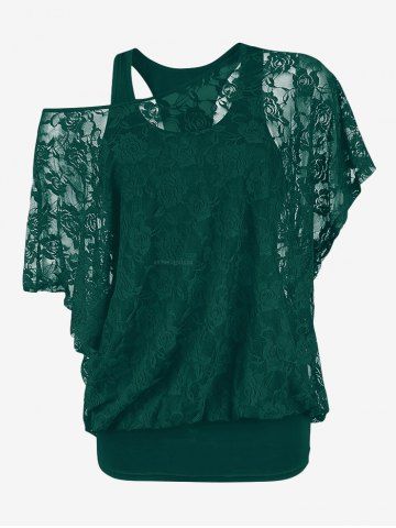 Plus Size Skew Neck Sheer Lace Blouse and Racerback Tank Top - DEEP GREEN - 3X | US 22-24