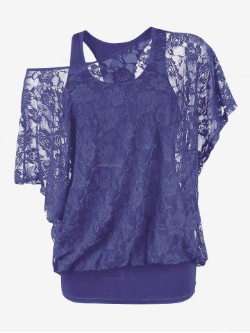 Plus Size Skew Neck Sheer Lace Blouse and Racerback Tank Top - VIOLET - 5X | US 30-32