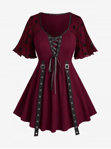Plus Size Skulls Stars Mesh Flocking Sleeves Lace Up Grommet Buckle Straps Crinkle Top - DEEP RED - 3X | US 22-24