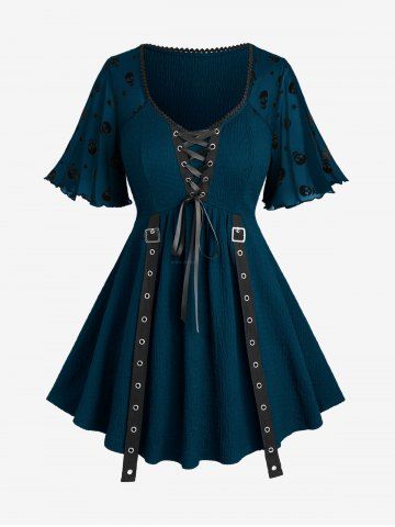 Plus Size Skulls Stars Mesh Flocking Sleeves Lace Up Grommet Buckle Straps Crinkle Top - DEEP GREEN - 1X | US 14-16