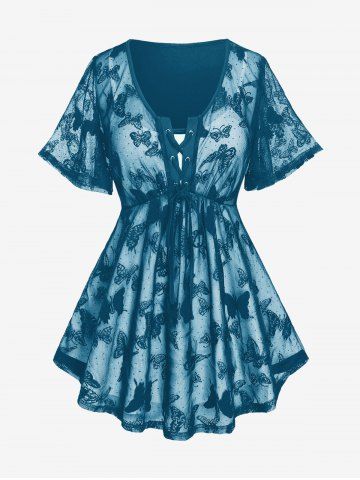 Plus Size Butterfly Lace Overlay Lace-up 2 in 1 Tee - MIDNIGHT BLUE - 4X | US 26-28
