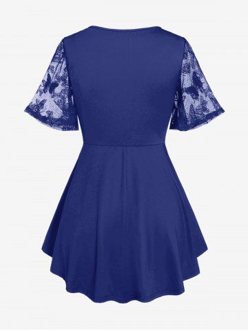 Plus Size Butterfly Lace Overlay Lace-up 2 in 1 Tee