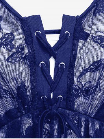 Plus Size Butterfly Lace Overlay Lace-up 2 in 1 Tee