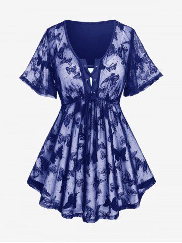 Plus Size Butterfly Lace Overlay Lace-up 2 in 1 Tee - DEEP BLUE - 4X | US 26-28