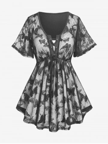 Plus Size Butterfly Lace Overlay Lace-up 2 in 1 Tee - DARK GRAY - L | US 12