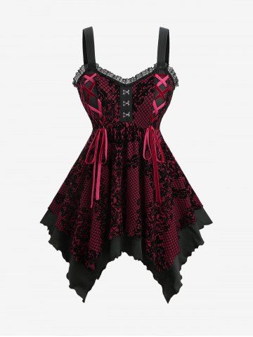 Plus Size Plaid Floral Flocking Lace-up Asymmetrical Lace Trim Tank Top - DEEP RED - M | US 10