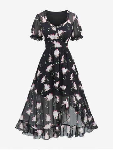 Plus Size Floral Leaf Print Ruffles Layered Chiffon Asymmetric A Line Midi Dress - BLACK - 5X | US 30-32